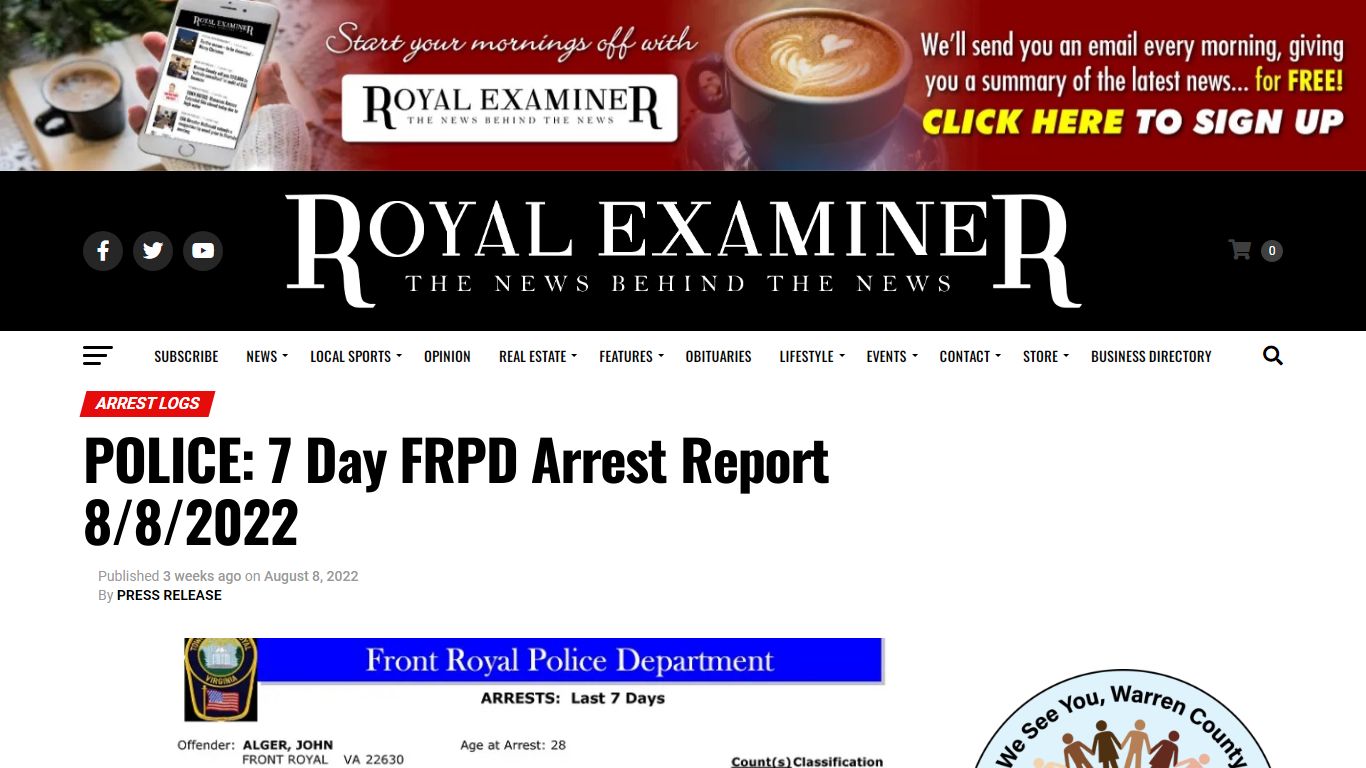 POLICE: 7 Day FRPD Arrest Report 8/8/2022 – Royal Examiner